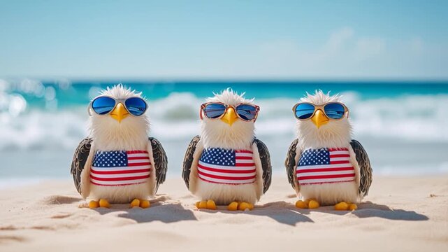 A dancing bald eagle wearing sunglasses and a T-shirt with the American flag celebrates joyfully on a tropical beach, surrounded by exotic ocean waves and a vibrant paradise holiday atmosphere.