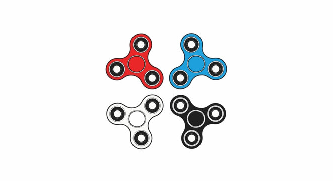 Four colorful fidget spinners, a popular stress-relief toy, displayed against a white background