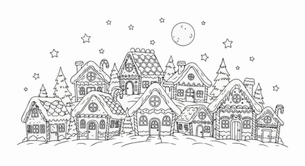 Obraz premium Whimsical snowy village with gingerbread-style houses under a moonlit starry sky