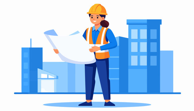 Professional architect holding blueprint in front of modern buildings, representing construction and urban development planning