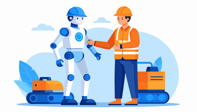 Human worker and advanced robot collaborating in an industrial setting, symbolizing the future of work, engineering, and automation in modern industries