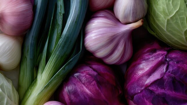 Close-up of a group of different types of vegetables. on the left side of the image, there is a bunch of green onions with long, thin leaves.