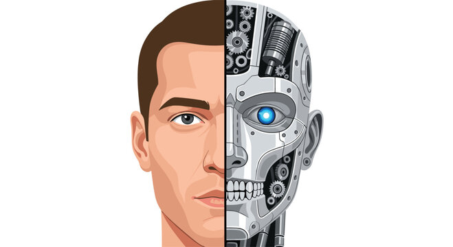 A realistic male face divided down the center exposes a complex internal structure of silver gears within a minimalist white space featuring a glowing eye.