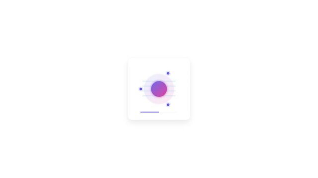 Graphic illustration of a purple circle surrounded by smaller blue dots and a short blue line on a white square with a subtle grey shadow on a clean white background.