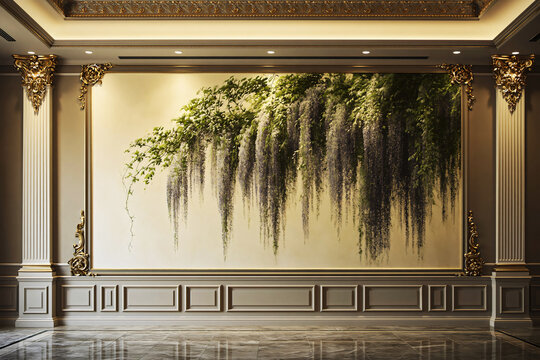 Neoclassical interior wall backdrop, ornate gold pilasters, mural of weeping wisteria vines on a neutral background with decorative wainscoting, warm lighting.