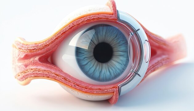 Human eye cross section. Intraocular lens implant model shows iris pupil cornea retina internal eye structure. Medical science visual aid for surgery.