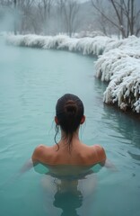 Fototapeta premium Woman bathes in steaming mineral spring water surrounded by snowy landscape. She relaxes in warm blue pool, enjoying winter spa retreat. Serene nature scene.