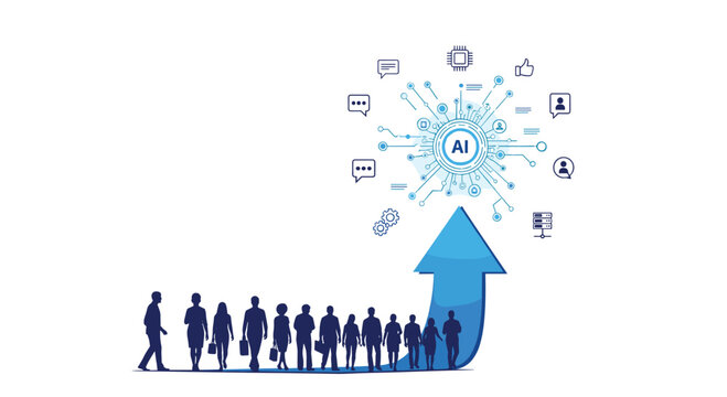 A group of dark blue human silhouettes walks along a rising arrow toward a central AI hub against a bright white background with glowing cyan highlights.