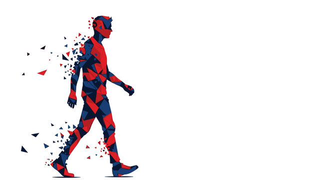 A dynamic low poly man walks forward while red and dark blue triangular fragments trail behind on a plain white surface with bold high contrast colors.