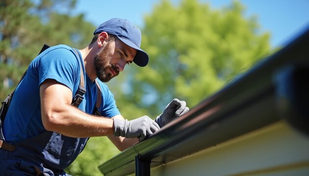 Gutter worker in uniform installs rain gutter system on house roof. Man repairs drainage structure to protect home exterior from water damage. Service on sunny day.