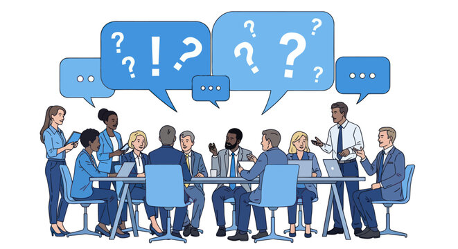 Diverse business team in a meeting with question marks in speech bubbles