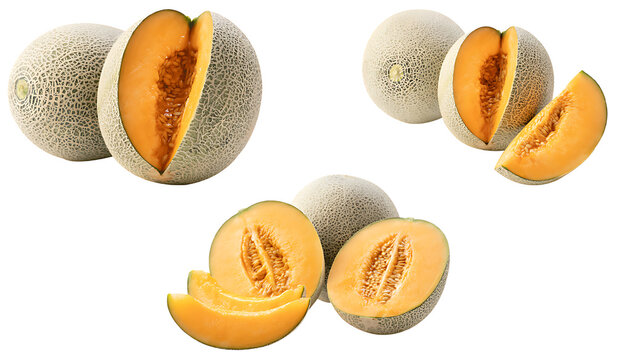 a group of cantaloupes cut in half to show the orange flesh