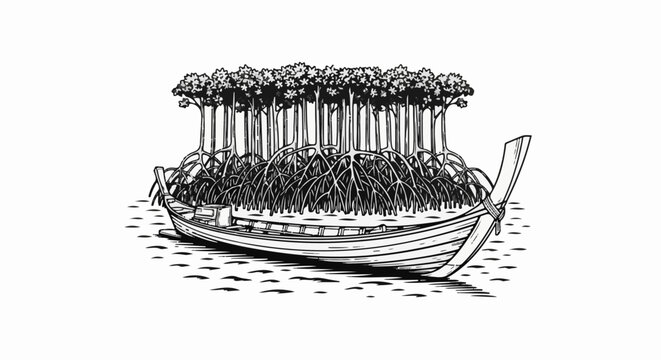 Stylized sketch of a boat amidst dense mangrove roots