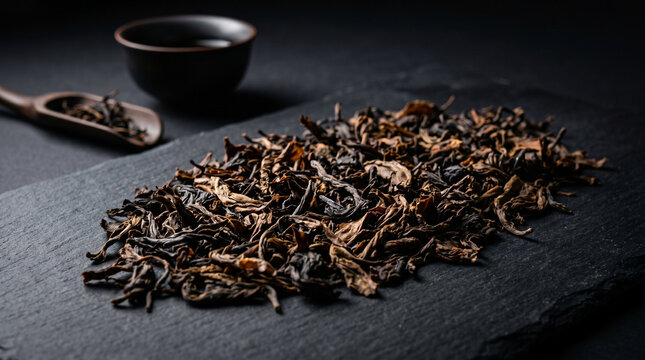 Aromatic dry tea leaves artfully arranged on a dark slate surface, with a small wooden scoop and a cup of brewed tea in the background, evoking warmth and tradition