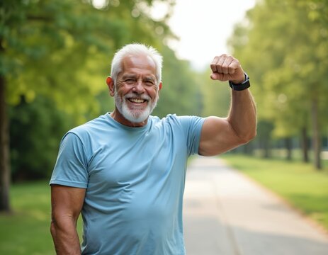 Happy senior man flexes bicep arm while wearing fitness tracker watch. He smiles outdoors on park path after exercise, showing fit strong body and healthy vitality.