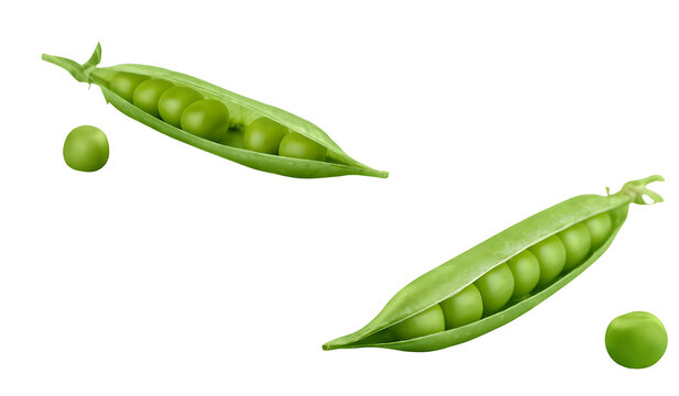 a close-up of two green pea pods and two loose peas floating in the air