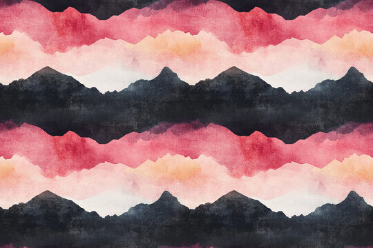 Abstract Mountainscape Pattern: A repeating pattern of stylized mountains evokes a sense of tranquility and artistic expression, featuring a blend of dark hues and vivid shades of pink and orange. 