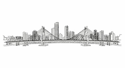 Fototapeta premium A sketch of a modern city skyline featuring a cable-stayed bridge across water