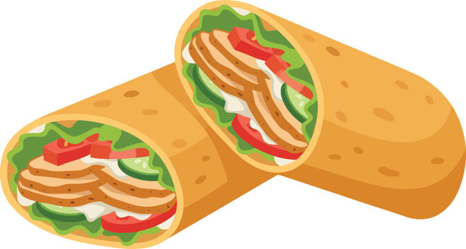 Deliciously prepared chicken shawarma wrap sliced in half to reveal fresh ingredients like lettuce tomato and cucumber presented in a flat isometric vector illustration against a clean