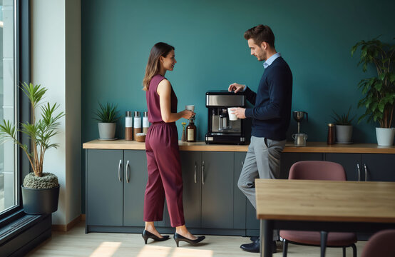 Colleagues talk near coffee machine in office break room. Man and woman chat while making hot drinks. Teamwork, pause, and conversation at workplace during coffee break.