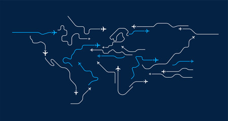 Flying airplanes abstract world map business vector background - flying white airplanes routes on dark blue sky background - minimal line art illustration © forestgraphic