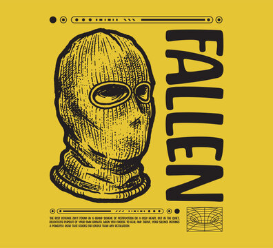 Vector illustration Streetwear of teal knitted balaclava masks  for T-Shirt design with slogan and distortion artwork