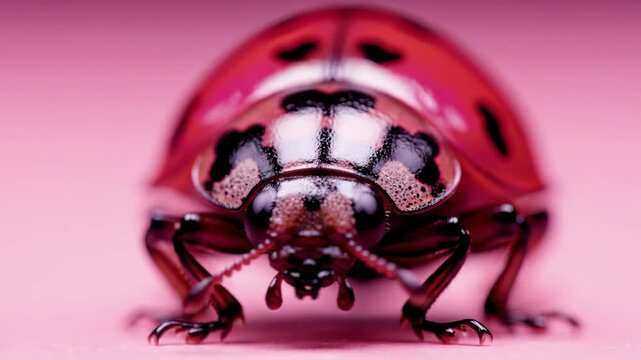 Close Up of a Vibrant Pink Ladybug with Black Spots Resting on a Bright Surface