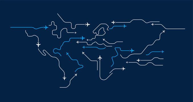 Flying airplanes abstract world map business vector background - flying white airplanes routes on dark blue sky background - minimal line art illustration