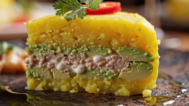 Delicious Peruvian Causa Rellena with Tuna and Avocado.