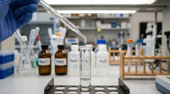 Laboratory Pipette Releasing Precise Droplet of Clear Fluid into Test Tube During Scientific Research in a Chemistry Lab Setting