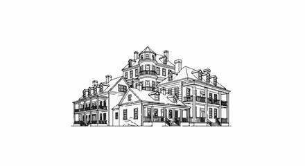 Obraz premium Elaborate vintage mansion with multiple stories, balconies, and turrets
