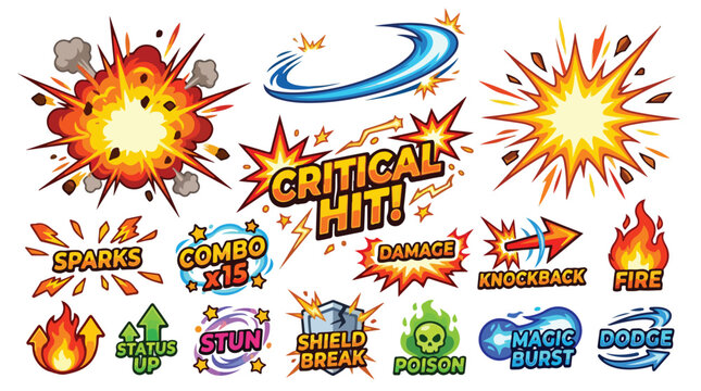 Colorful comic book style explosion effects with action words like critical hit and fire in vibrant cartoon design