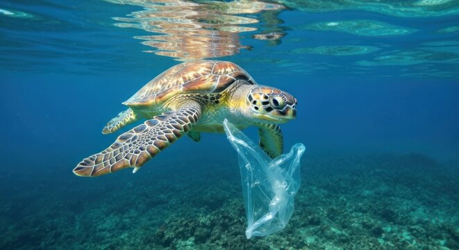 Sea turtle swimming with plastic bag underwater, showcasing pollution