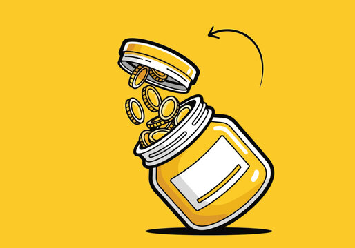 Vector illustration of a yellow jar with gold coins spilling out against a solid yellow background