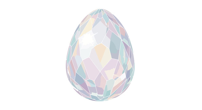 Close-up shot of a faceted crystal egg with pastel colors on a white background.