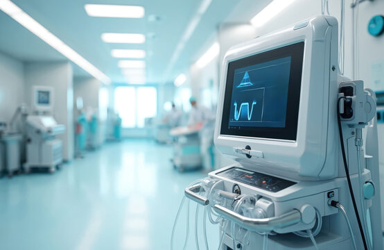Medical machines for ECMO and intra-aortic balloon pump procedures in a modern hospital setting. Critical care equipment displays vital signs for patient monitoring during intensive therapy.