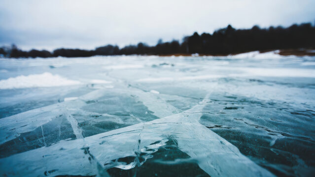 Frozen lake ice winter landscape cracked ice cold water surface snow shoreline conifer forest overcast sky low angle view