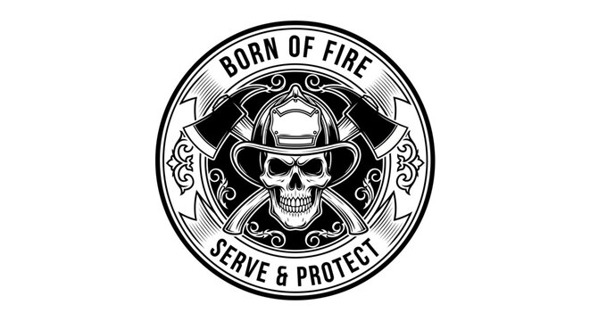 Firefighter skull emblem with bold design.