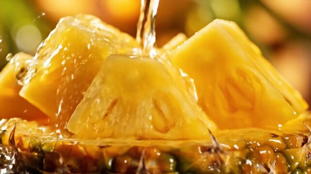 Golden pineapple chunks being gently washed with a stream of clear water, showcasing freshness and tropical delight