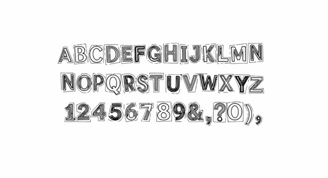 Stylized alphabet characters and numbers with a sketched outline and fill