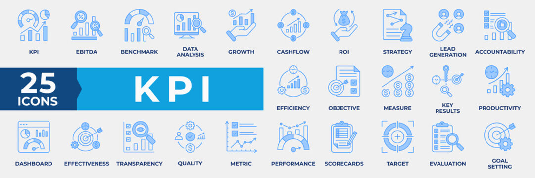 KPI Icon Set Collection. Containing performance, benchmark, data, analysis, growth, cashflow, strategy, dashboard, accountability, efficiency and more. Simple Blue Vector Illustration.