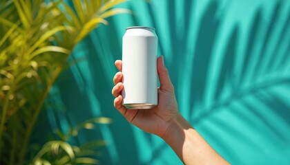 Obraz premium Hand holds blank white can beverage. Tropical plant shadows on teal wall. Cool drink refreshment on hot sunny day. Summer vacation vibes. Mockup.