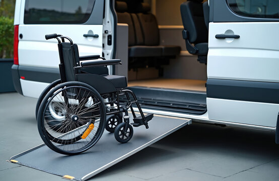 Accessible van with extended ramp and parked wheelchair provides easy entry for disabled passengers. Vehicle interior shows seats for travel. Mobility solution for transport.