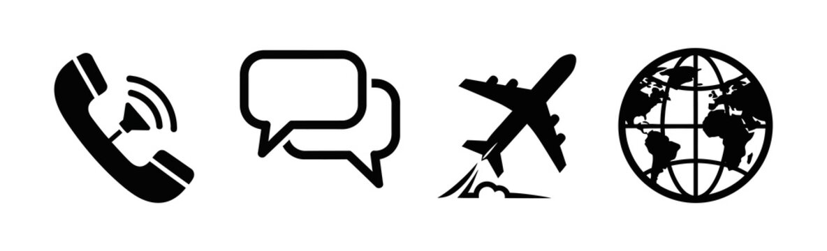 Set of four icons a phone call, chat bubbles, a plane flying over mountains, and a globe representing travel and communication