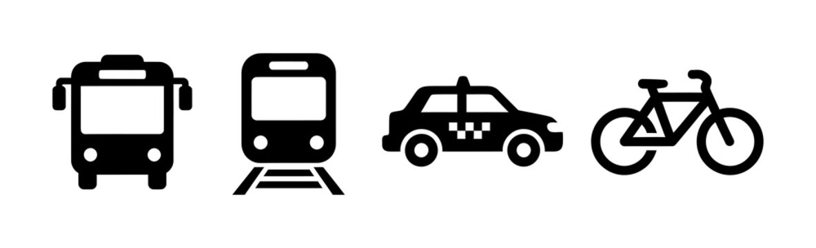 Diverse flat black vector icons depicting essential urban and public transportation modes bus, train, taxi, and bicycle, perfect for travel planning and modern mobility concepts