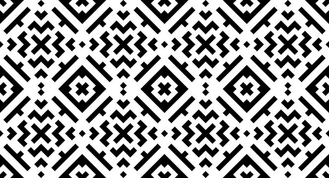 A seamless geometric square pattern designed in a black and white color scheme.