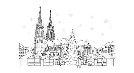 Fototapeta premium Festive Christmas market scene with twin-spired cathedral and stalls