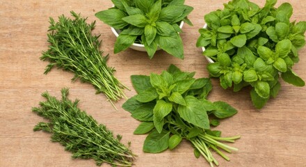 Obraz premium Various fresh herbs thyme and basil varieties arranged on wood