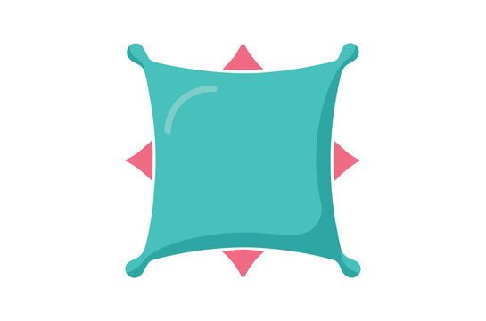 A teal square pillow with red triangular details and rounded corners