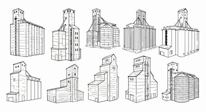 Collection of diverse architectural sketches of grain elevators in a line